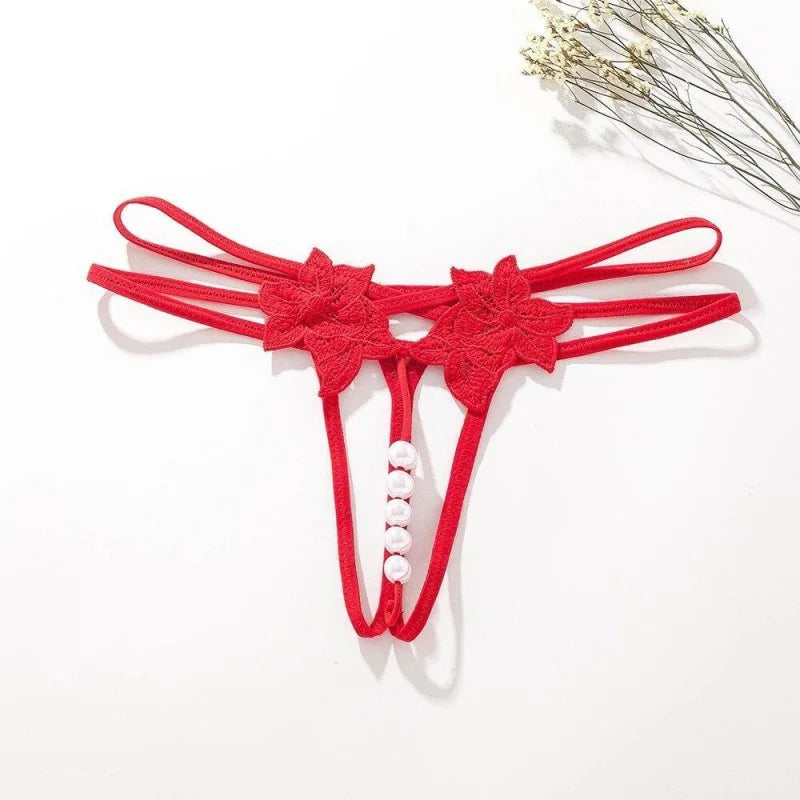 Rouge String Sexy en Dentelle - Motif Fleuri et Perles