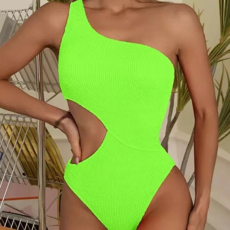Vert Maillot de bain une pièce rayé asymétrique