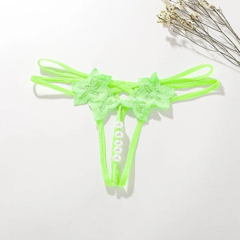 Vert String Sexy en Dentelle - Motif Fleuri et Perles